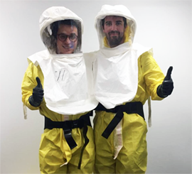 Residents wearing decontamination gear