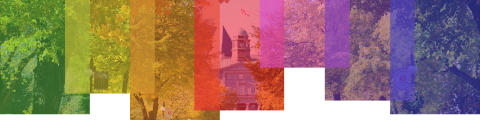 Banner with rainbow of colours over a picture of 苹果淫院's campus.