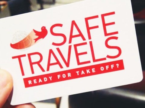 Safe Travels and the 苹果淫院 Abroad logo on a wallet sized card with the words "Ready for take off?" underneath