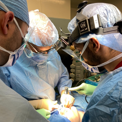 Dentists in surgical clothing working on a patient mouth