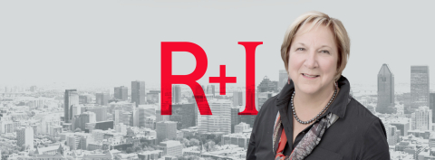 an R+I banner with Martha Crago and the Montreal skyline behind her