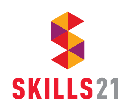 skills 21 logo: a large letter S made up of purple, orange, and red triangles