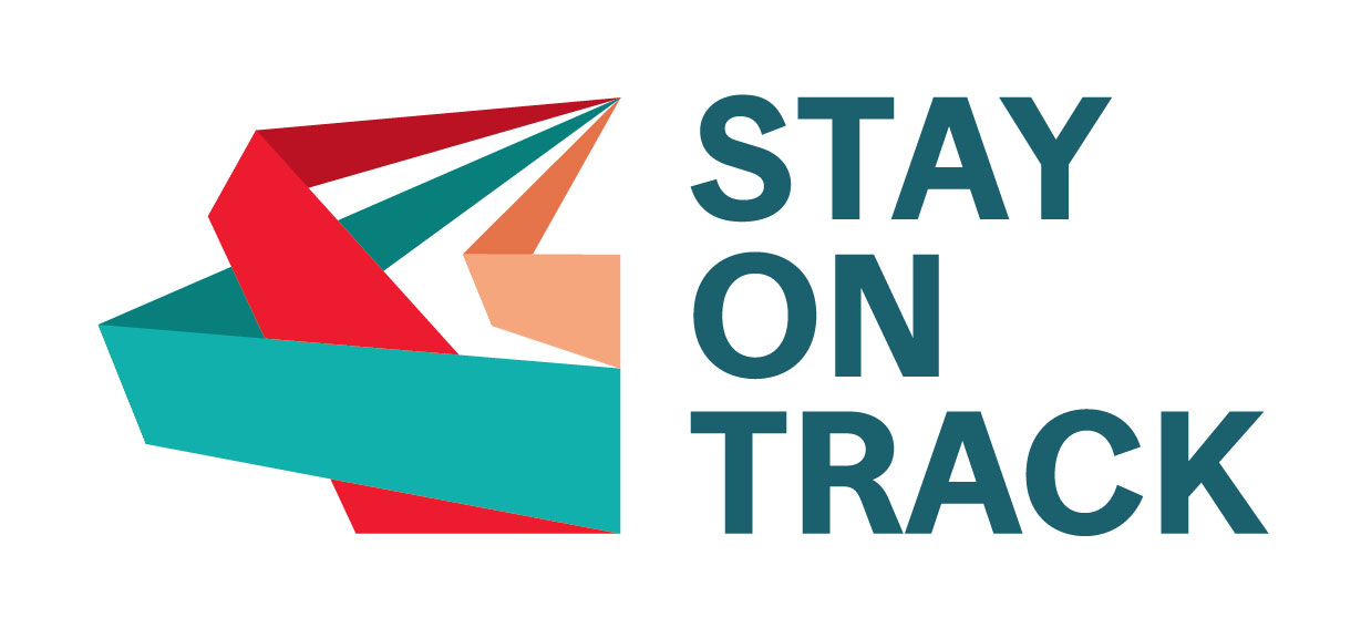 Stay on track logo, it has three tracks in teal, red, and peach next to the words "Stay on track"