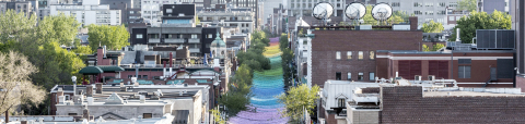 Photo of rainbow streamers hung above Sainte-Catherine Street in Montreal.